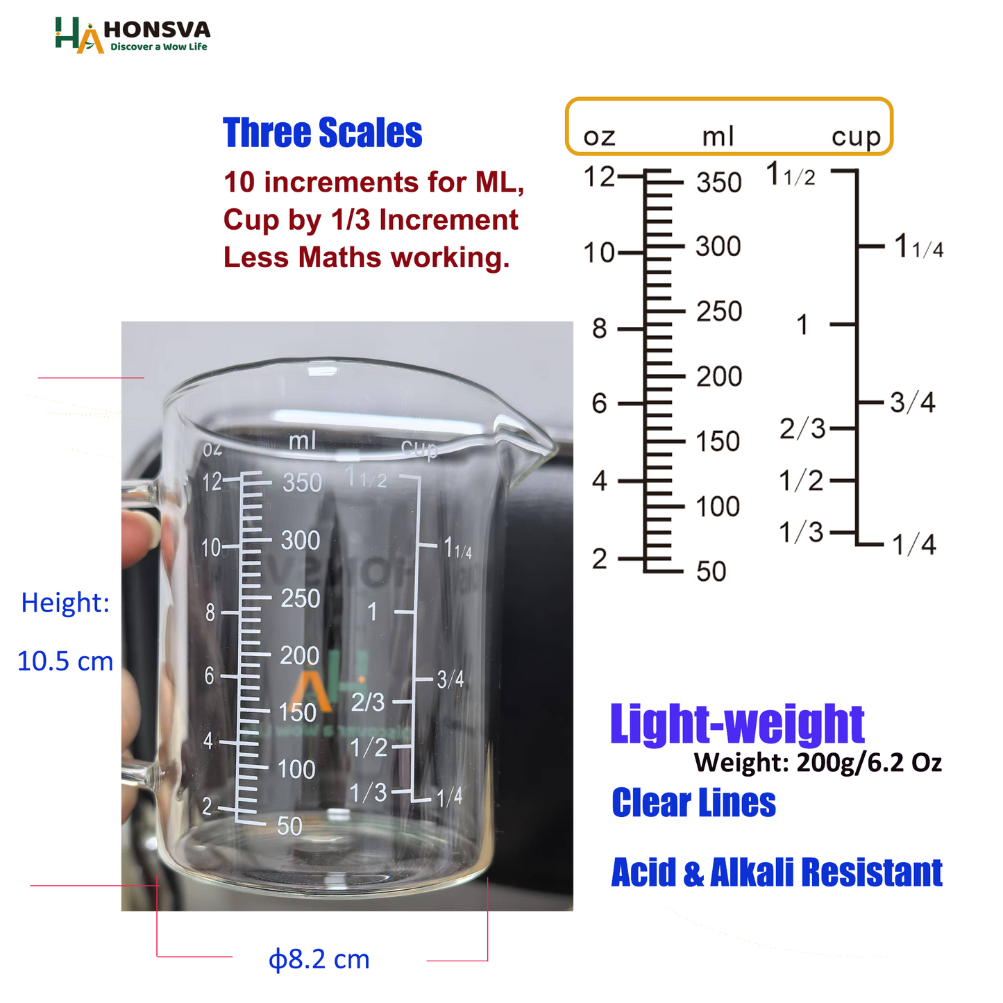 Glass Measuring Cup with Thress Scale and V-Shaped Mounth and Handle, Light Weight, Heat-Resistant, for Kitchen Cooking.