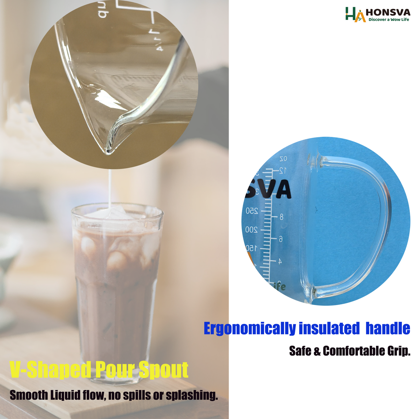 Glass Measuring Cup with Thress Scale and V-Shaped Mounth and Handle, Light Weight, Heat-Resistant, for Kitchen Cooking.